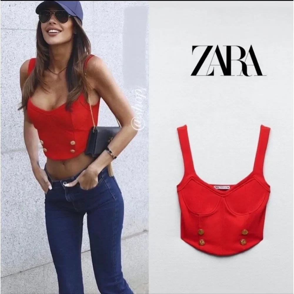 ZARA CORSET TOP RED NWT GOLD BUTTONS bloggers fav - Picture 4 of 8